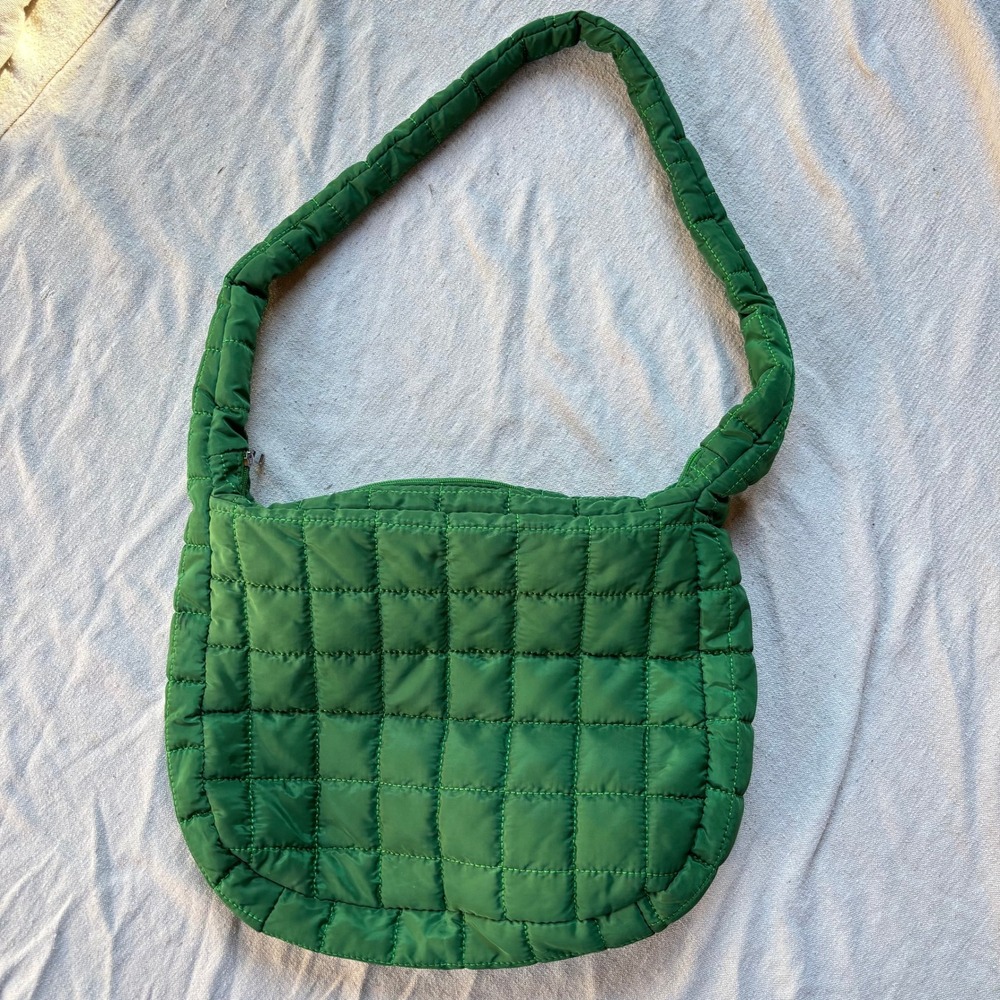Green Quilted Puffer Shoulder Bag Padded Zip Top Purse Lightweight Tote Active